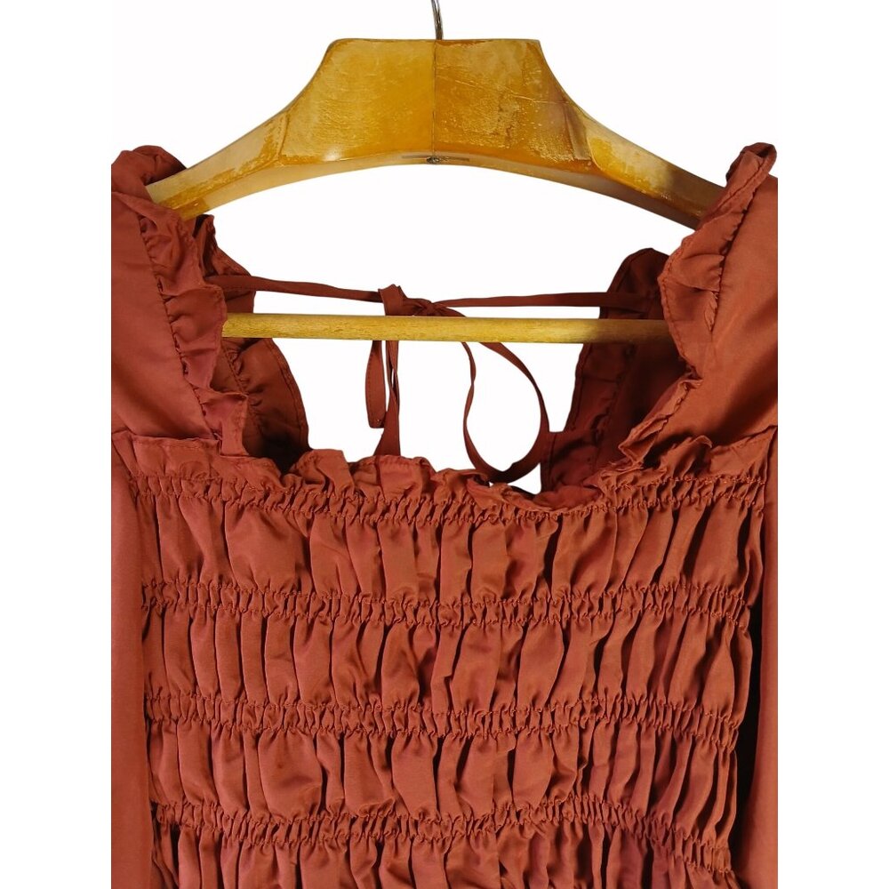 Milk Honey Smocked Rust Orange Shirt Top Size M Puff Sleeve Ruffle Cropped - Picture 4 of 13